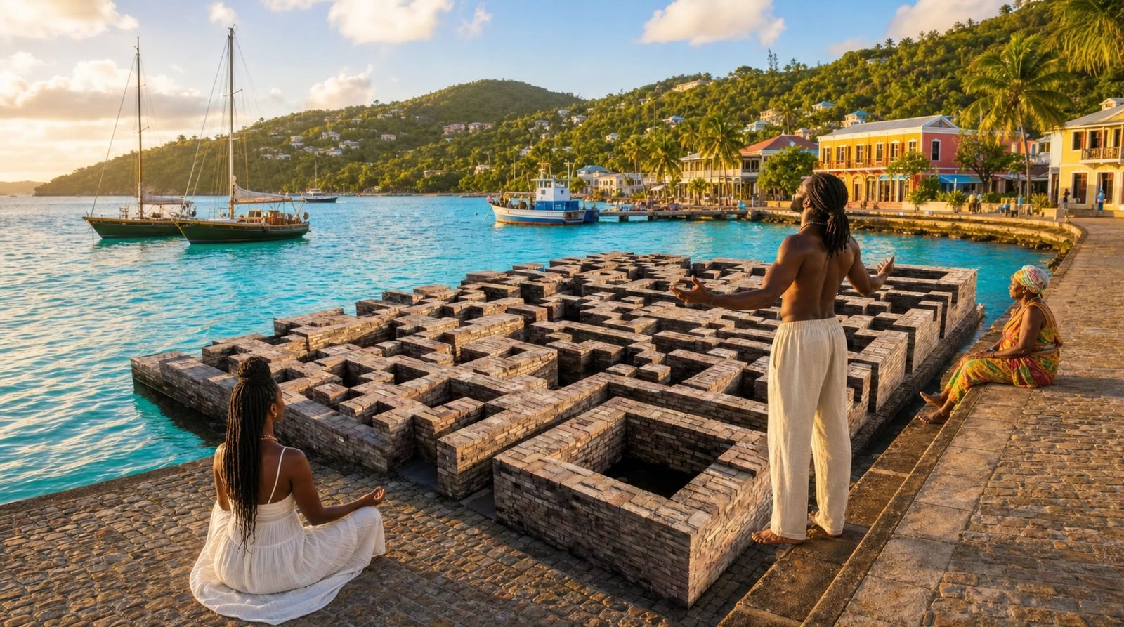 Two visitors sitting and talking on the sunlit brick steps of the memorial, at the edge where the brick surface meets shallow harbor water.