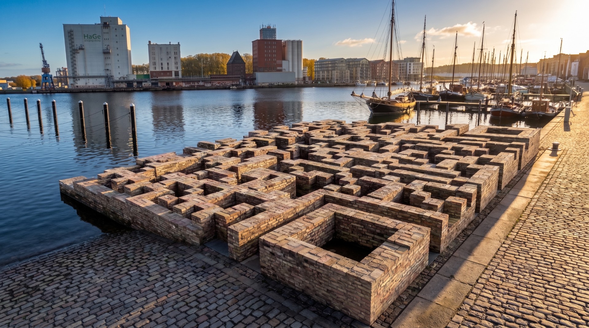 Aerial view at sunset of the proposed memorial: a vast grid of stacked bricks forming square patterns at the Flensburg harbor edge, partly under shallow water, with people sitting on the brick surface and the historic waterfront behind.